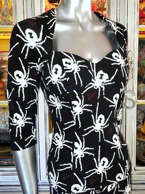 Betsey Johnson Spider Top Y2K White Black Widow Red XOX Betsey LTD Dress Shirt M